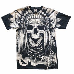 Vintage 90s Full Print Warrior Chief Skull T-Shirt